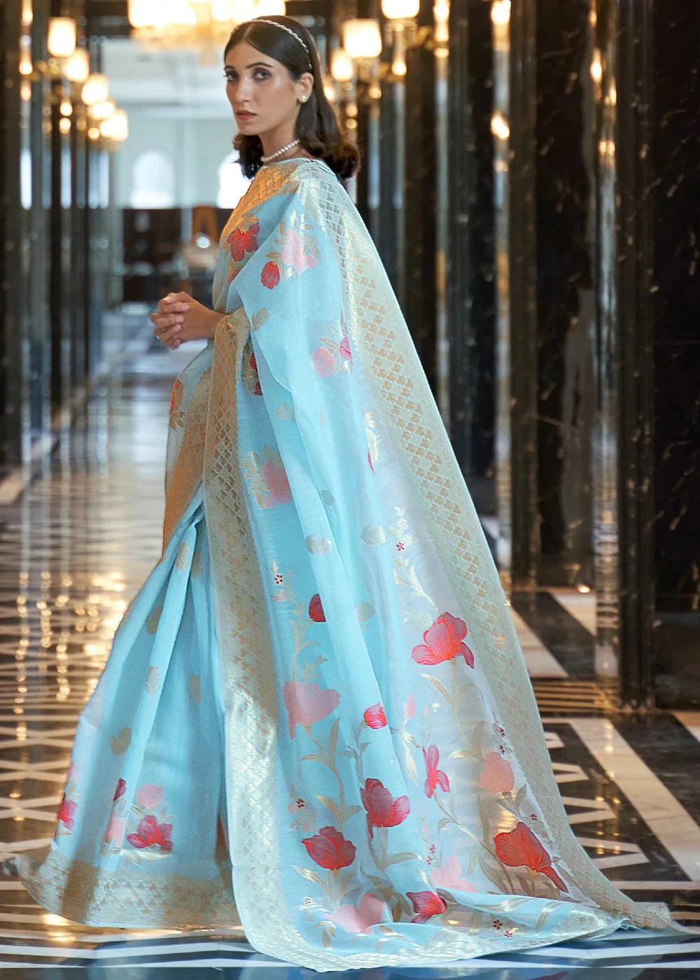 Blue Elegant Linen Saree with Floral Printed Weaving Work