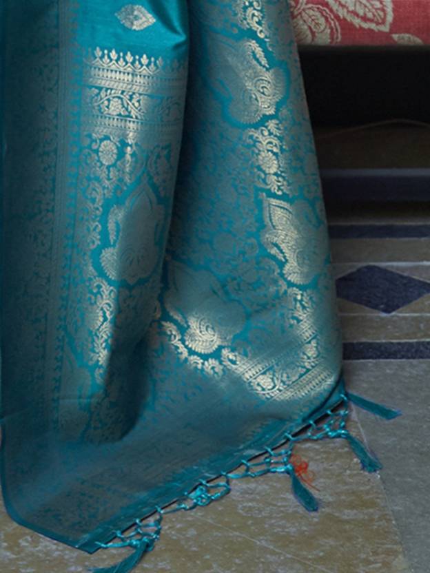 Blue Elegant Printed Chanderi Silk Blend Saree with Tassel Detailing