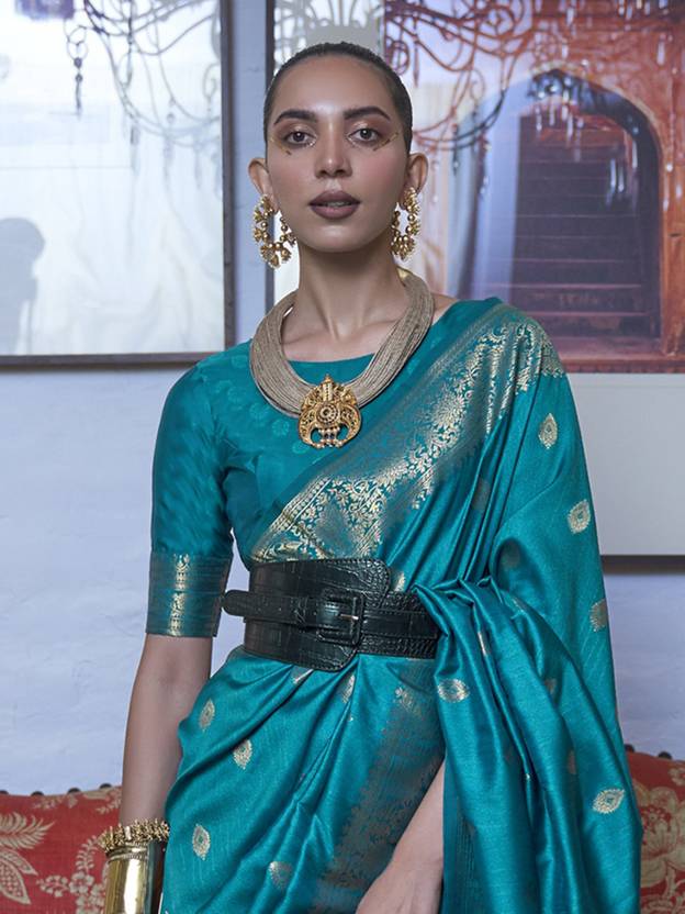 Blue Elegant Printed Chanderi Silk Blend Saree with Tassel Detailing