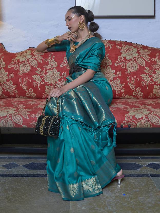 Blue Elegant Printed Chanderi Silk Blend Saree with Tassel Detailing