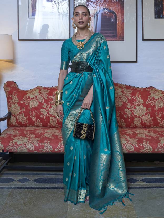 Blue Elegant Printed Chanderi Silk Blend Saree with Tassel Detailing