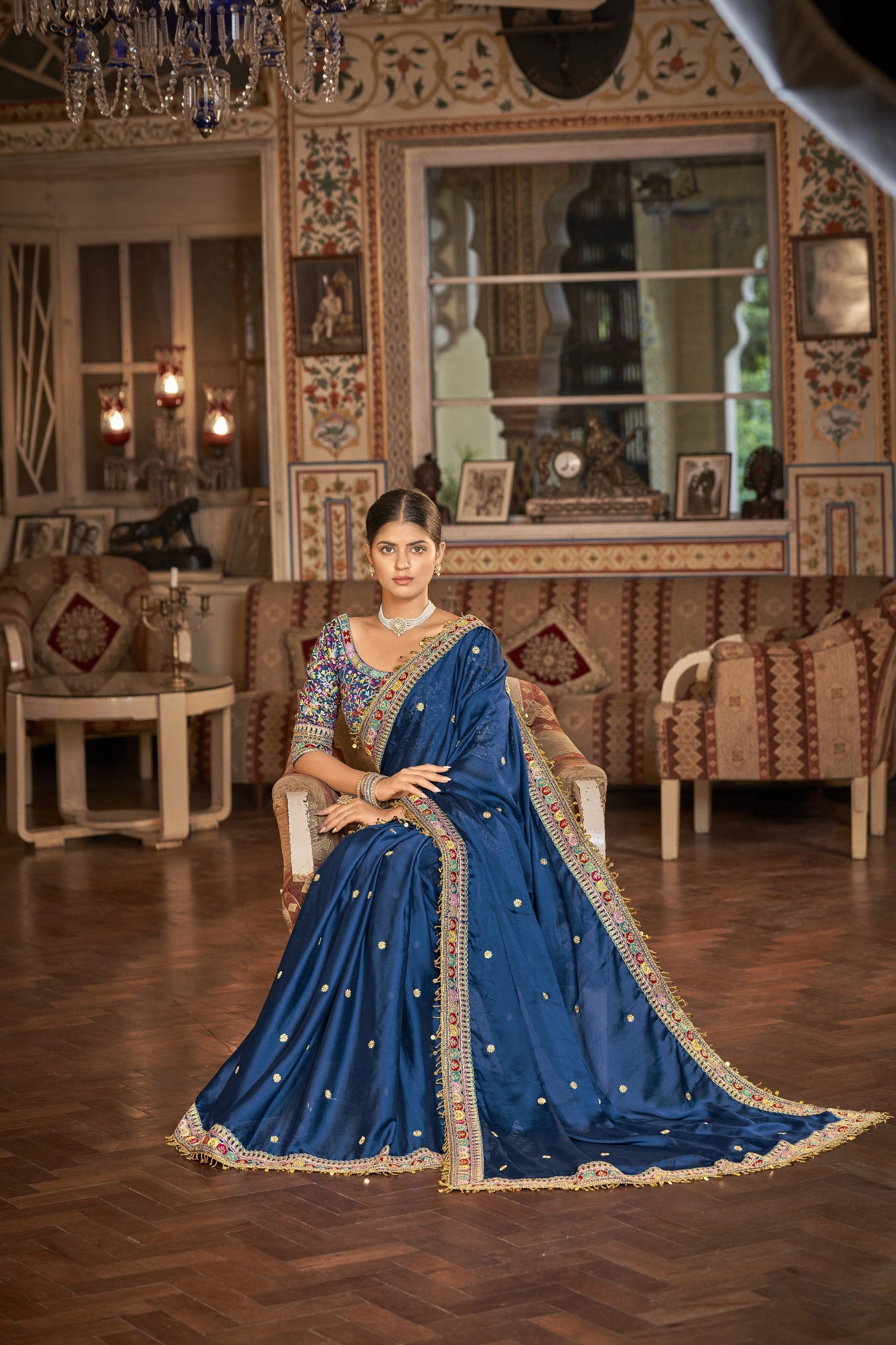 Blue Elegant Rangoli Silk Saree with Resham, Zari & Sequins Work Unstitched Blouse Included