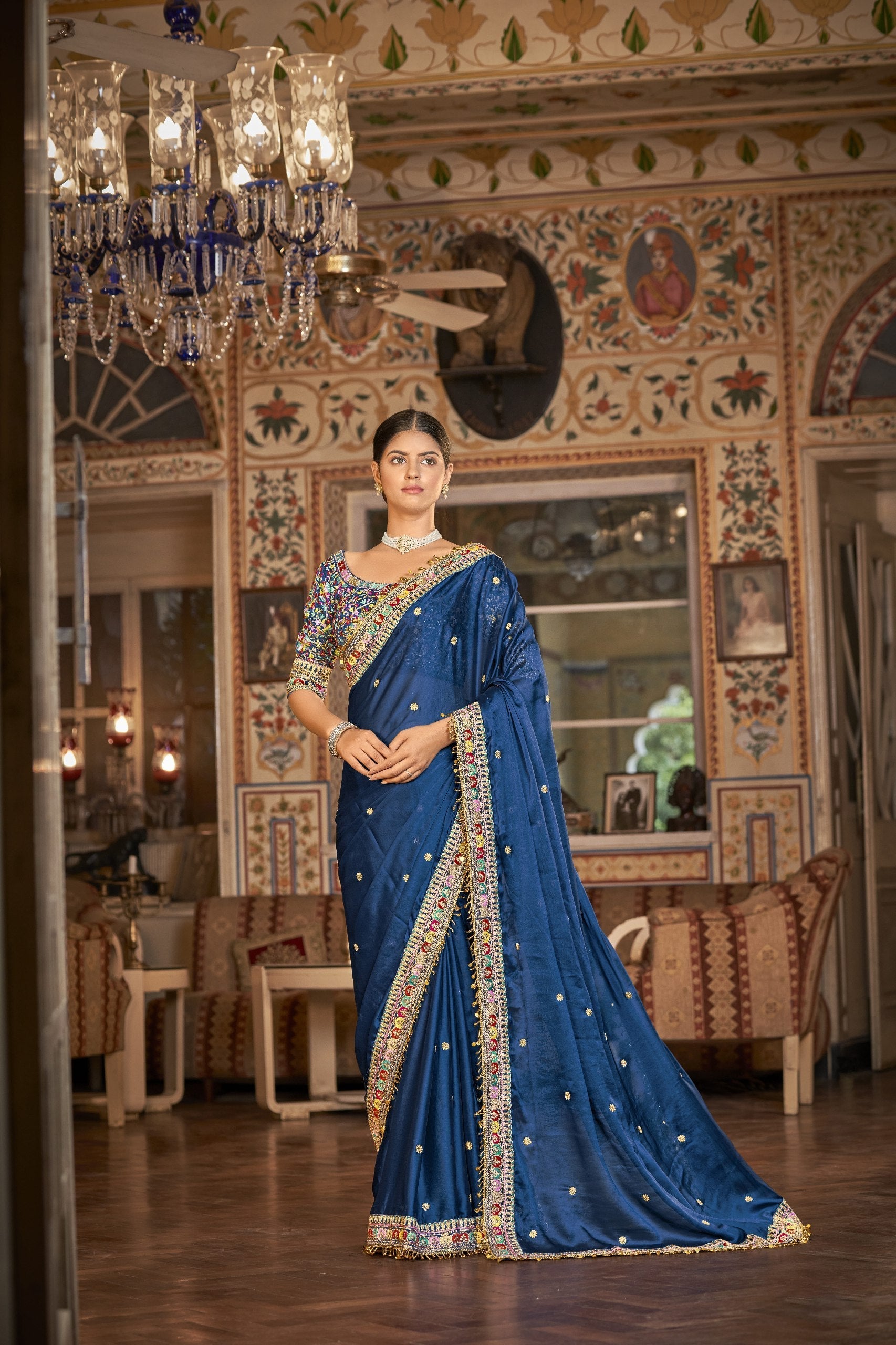 Blue Elegant Rangoli Silk Saree with Resham, Zari & Sequins Work Unstitched Blouse Included
