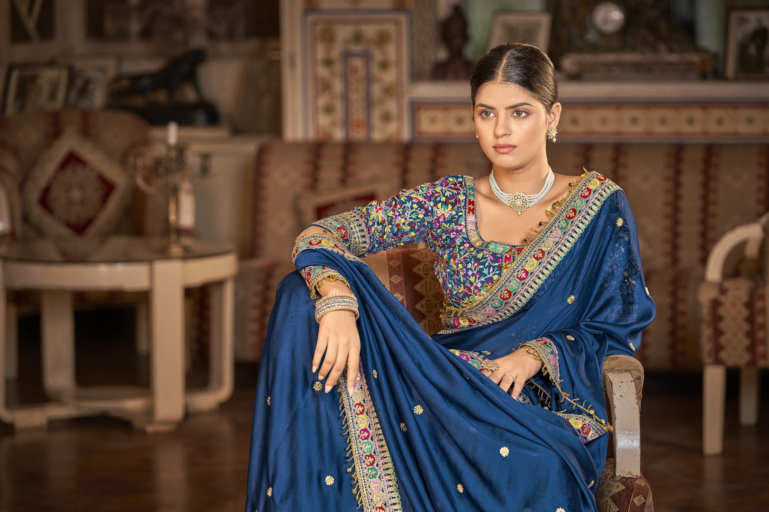 Blue Elegant Rangoli Silk Saree with Resham, Zari & Sequins Work Unstitched Blouse Included