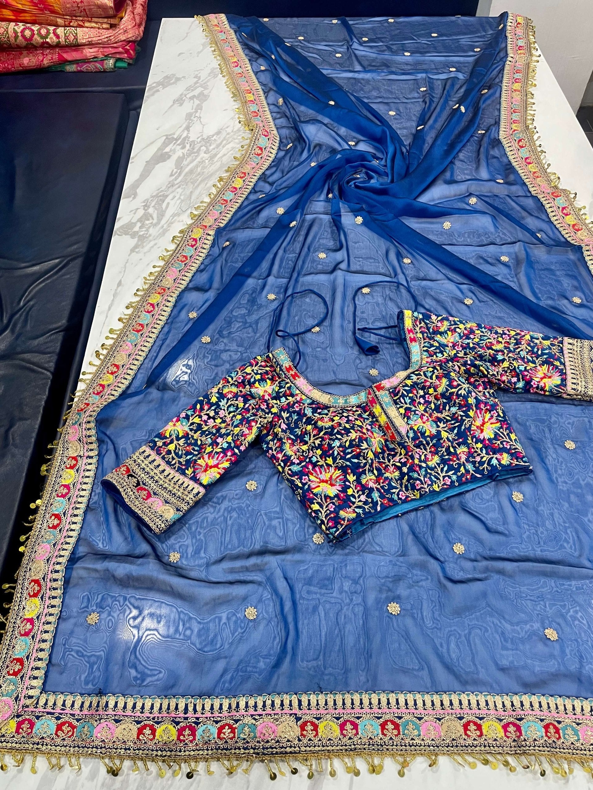 Blue Elegant Rangoli Silk Saree with Resham, Zari & Sequins Work Unstitched Blouse Included