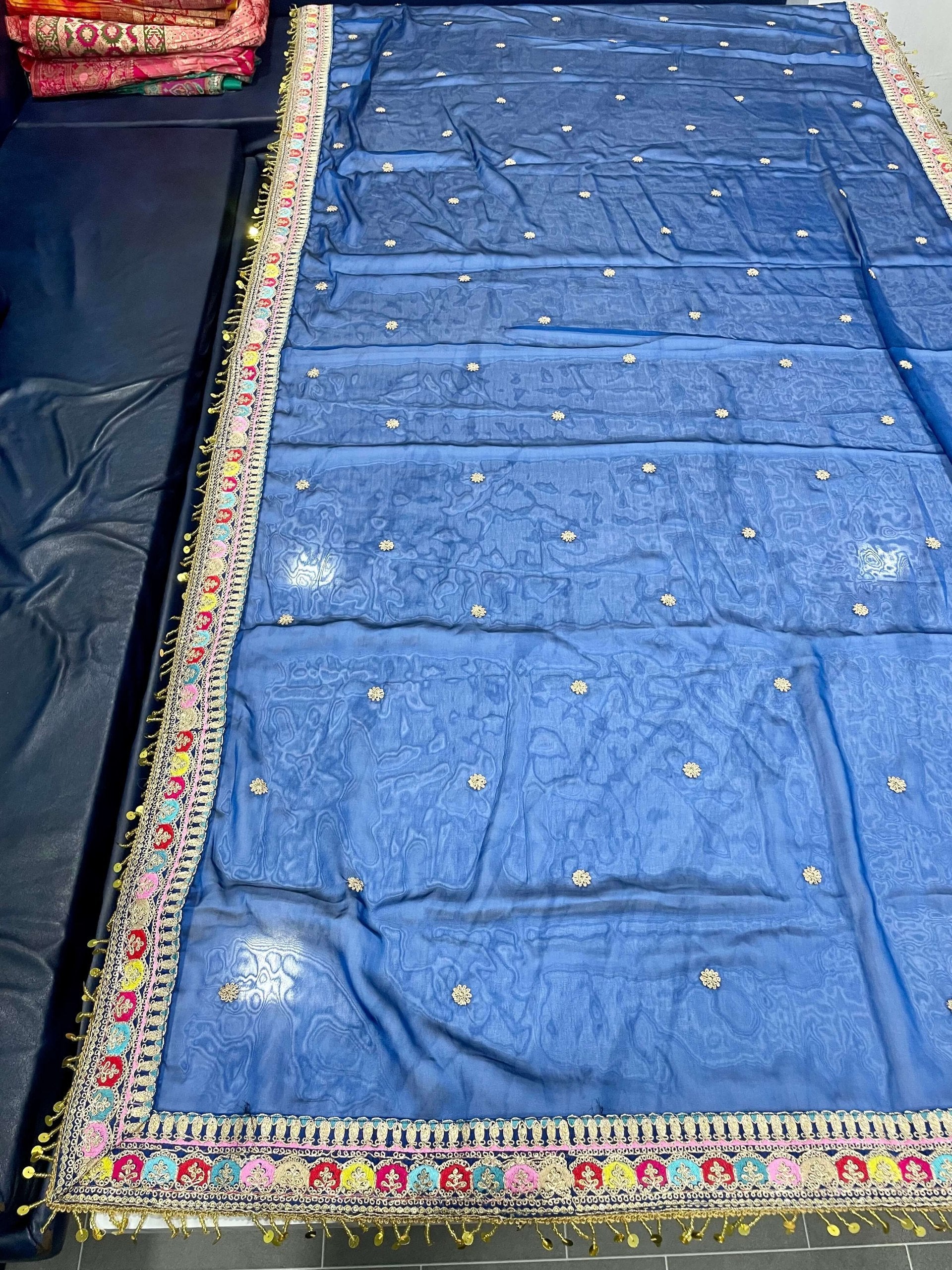 Blue Elegant Rangoli Silk Saree with Resham, Zari & Sequins Work Unstitched Blouse Included