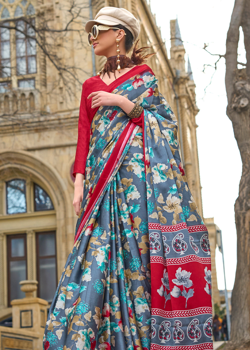 Blue Elegant Satin Crepe Saree – A Perfect Blend of Luxury & Grace