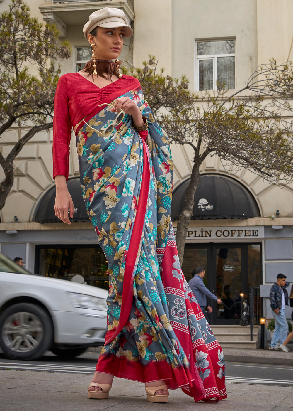 Blue Elegant Satin Crepe Saree – A Perfect Blend of Luxury & Grace
