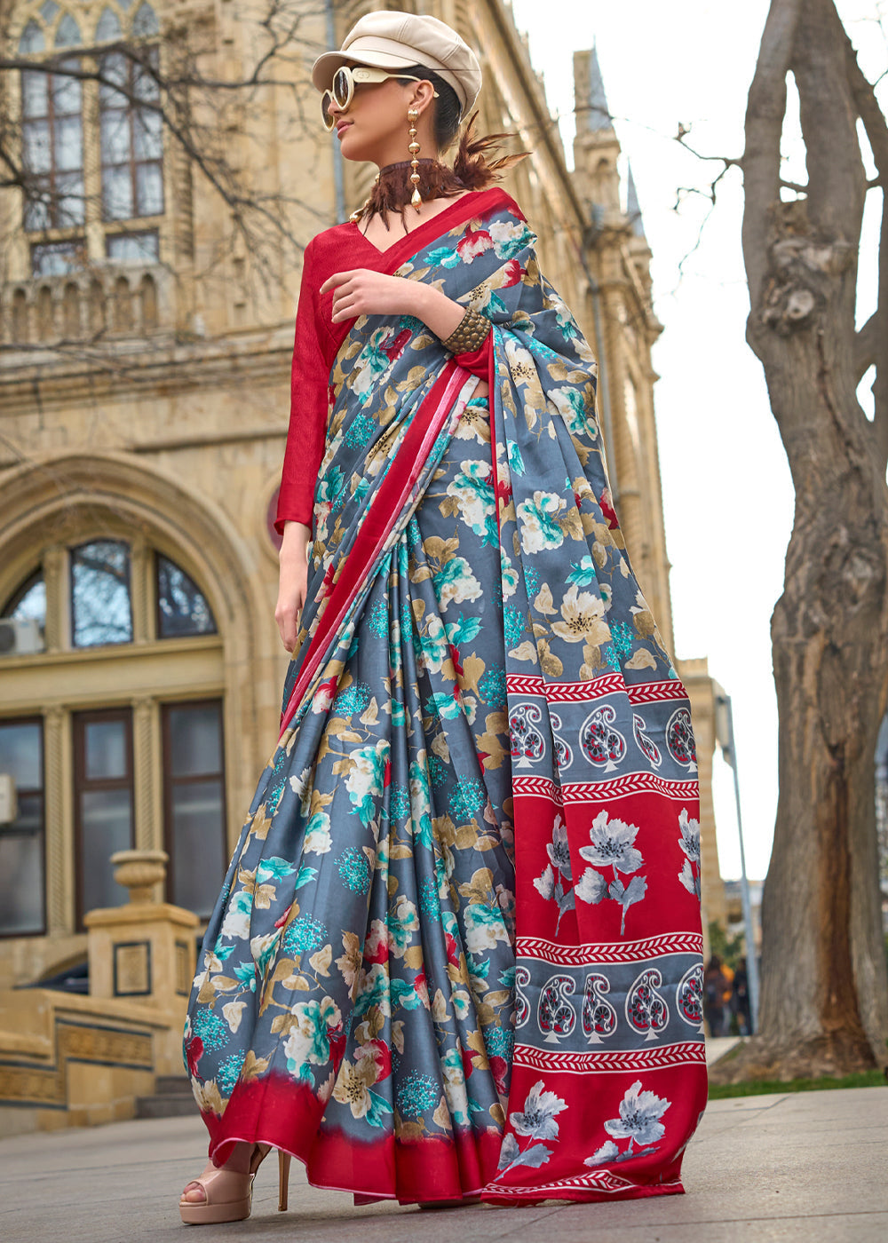 Blue Elegant Satin Crepe Saree – A Perfect Blend of Luxury & Grace