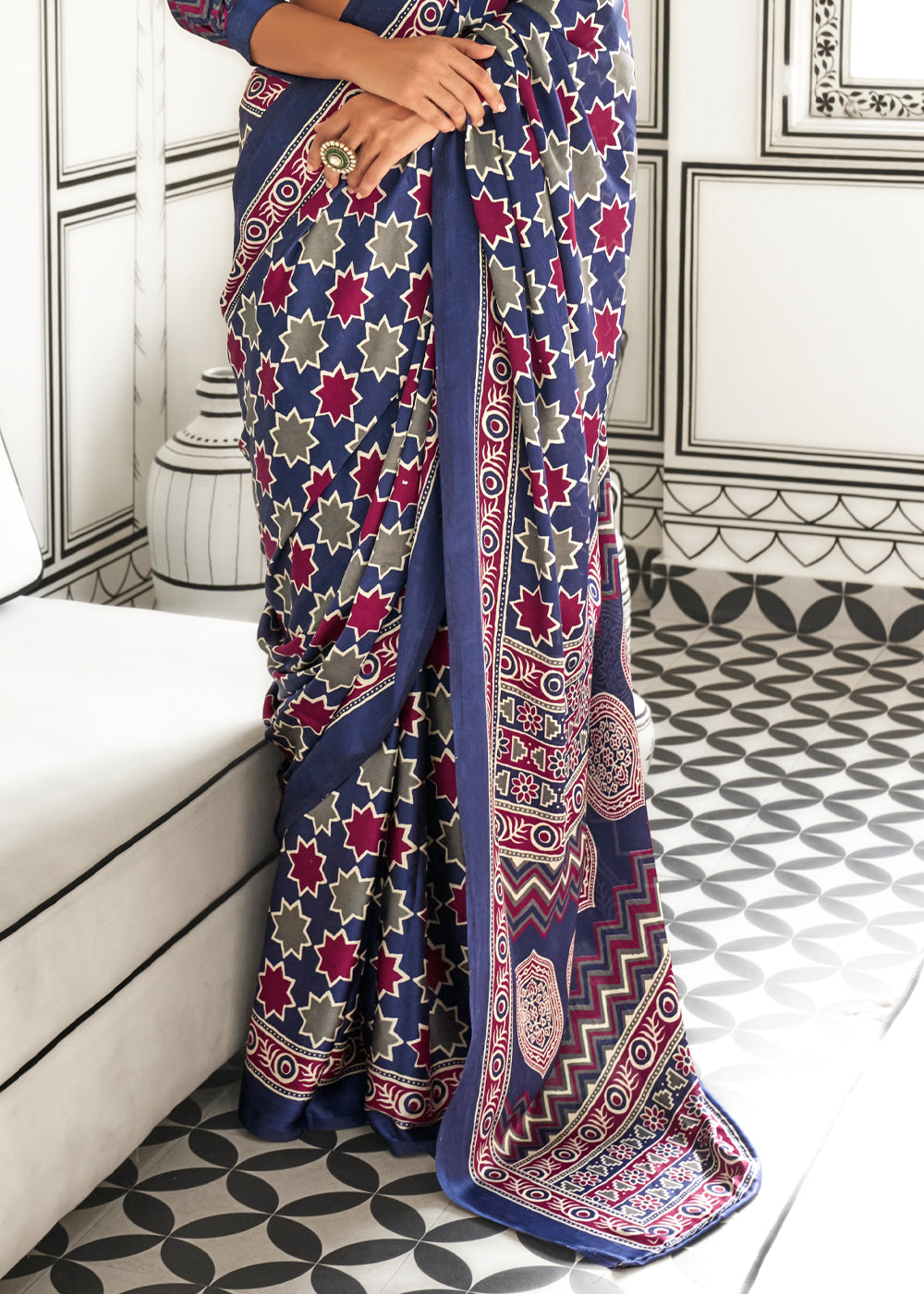 Blue Elegant Satin Crepe Saree – Luxurious & Graceful Drape