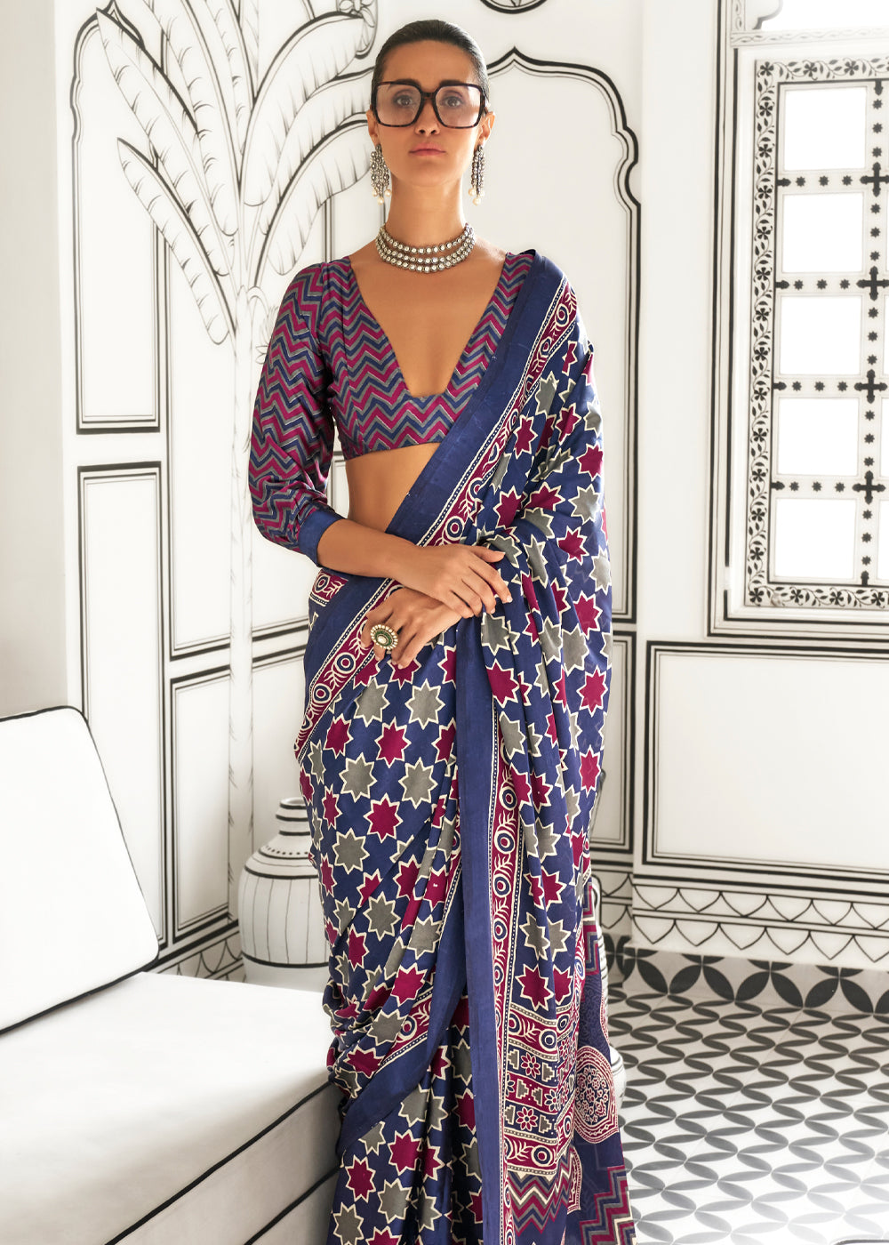 Blue Elegant Satin Crepe Saree – Luxurious & Graceful Drape