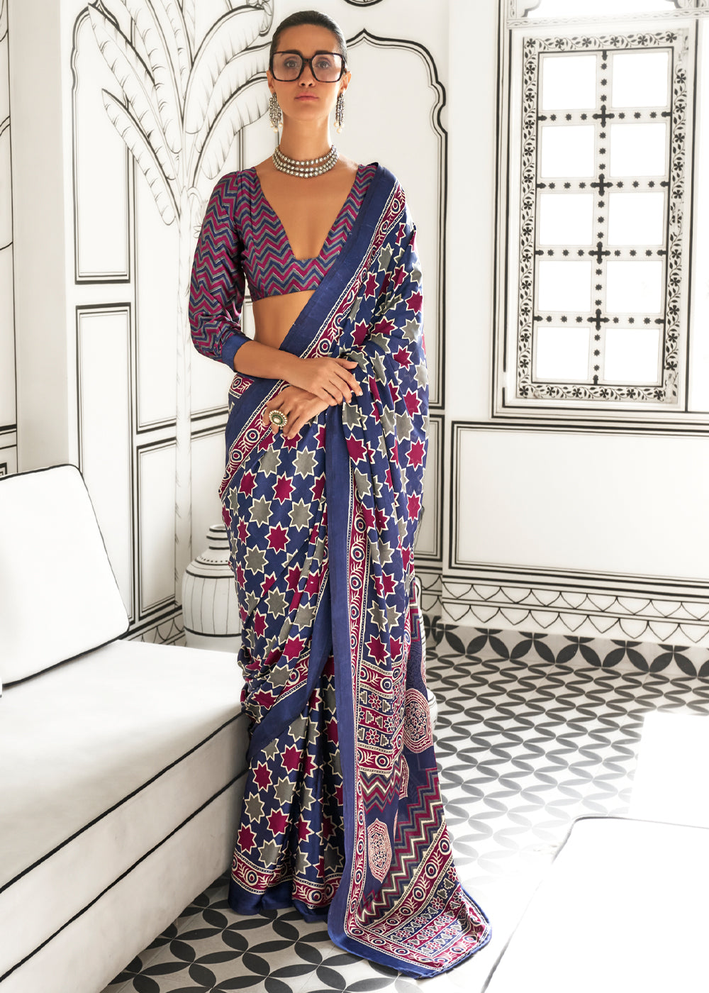 Blue Elegant Satin Crepe Saree – Luxurious & Graceful Drape