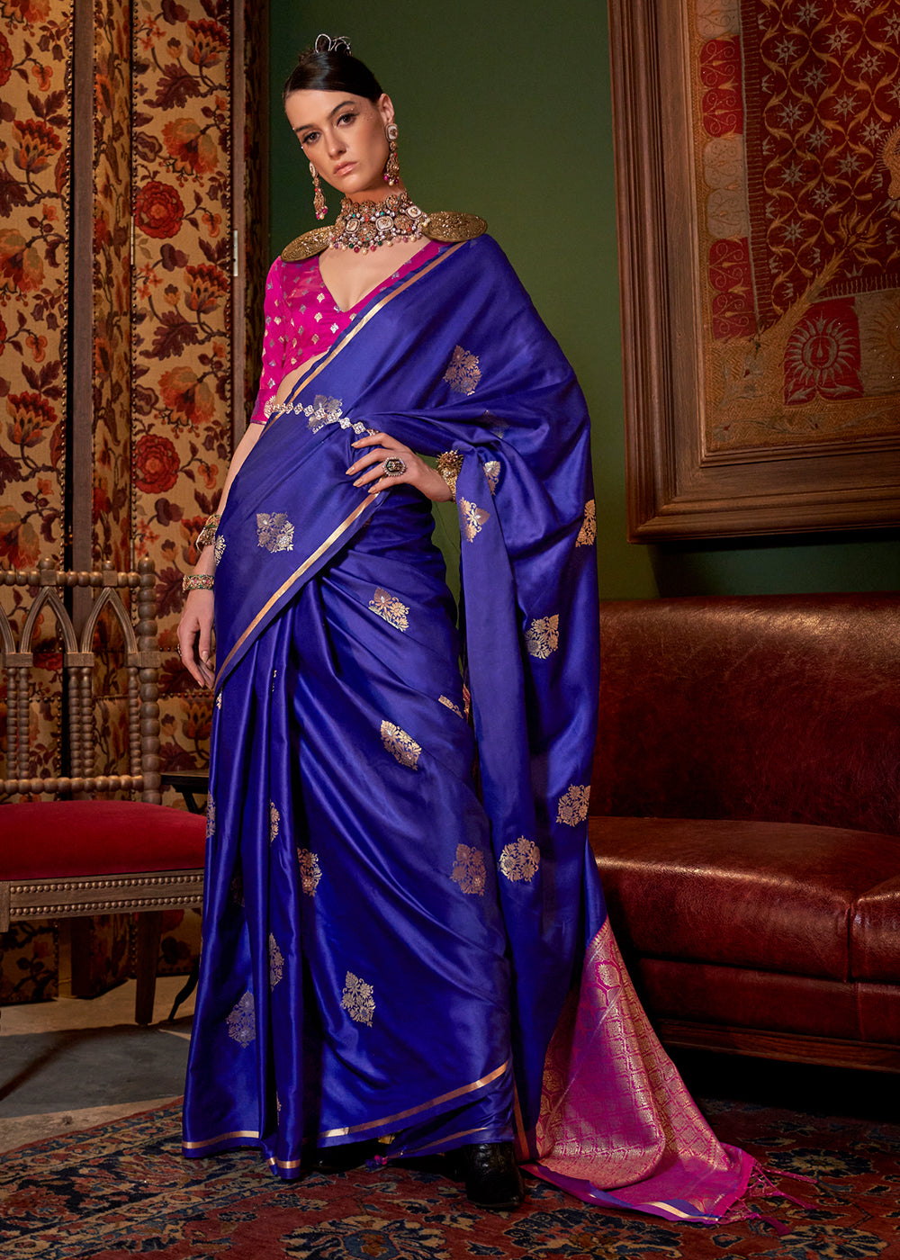 Blue Elegant Satin Silk Saree – Evening Cocktail & Dinner Party Wear