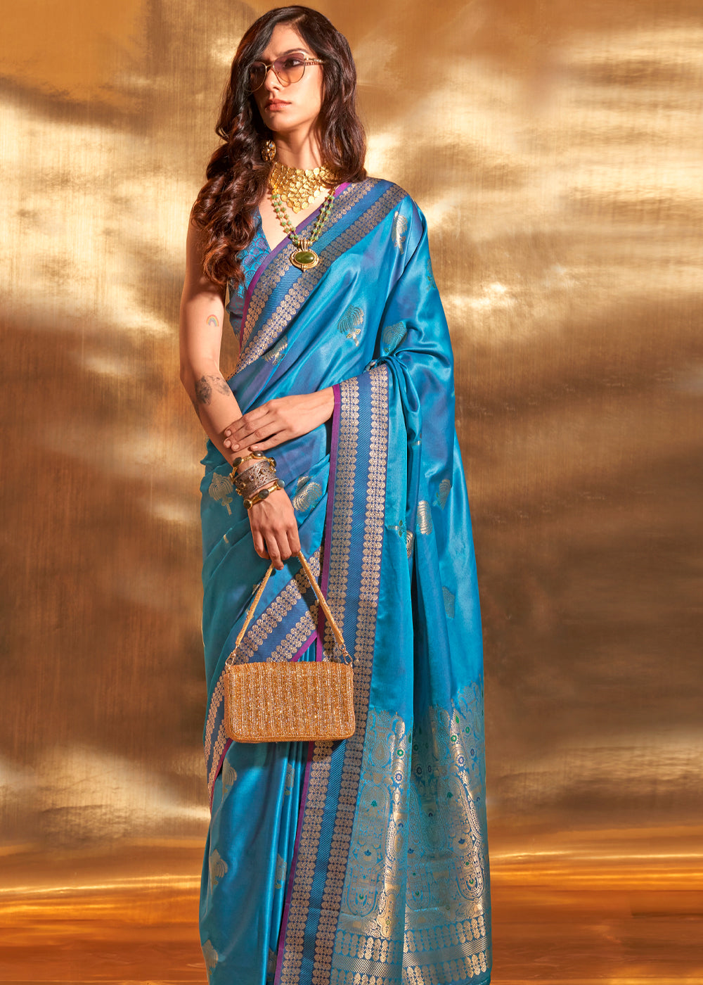 Blue Elegant Satin Silk Saree – Luxurious Drape for Every Occasion