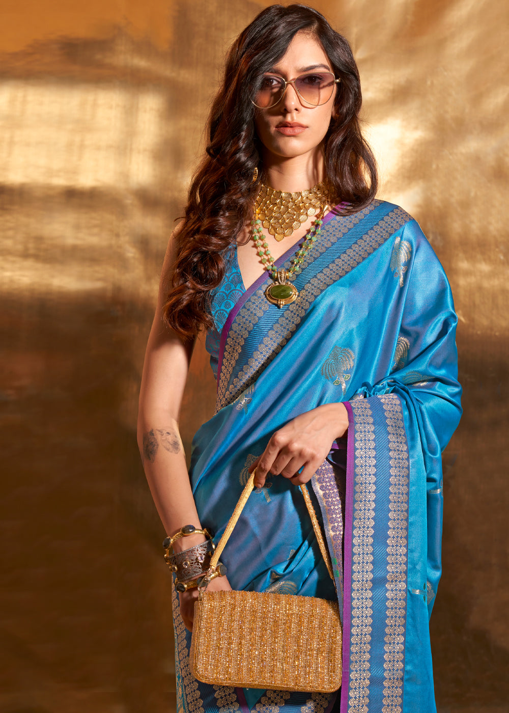 Blue Elegant Satin Silk Saree – Luxurious Drape for Every Occasion
