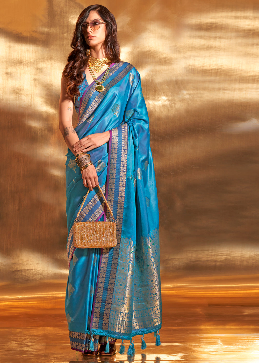 Blue Elegant Satin Silk Saree – Luxurious Drape for Every Occasion