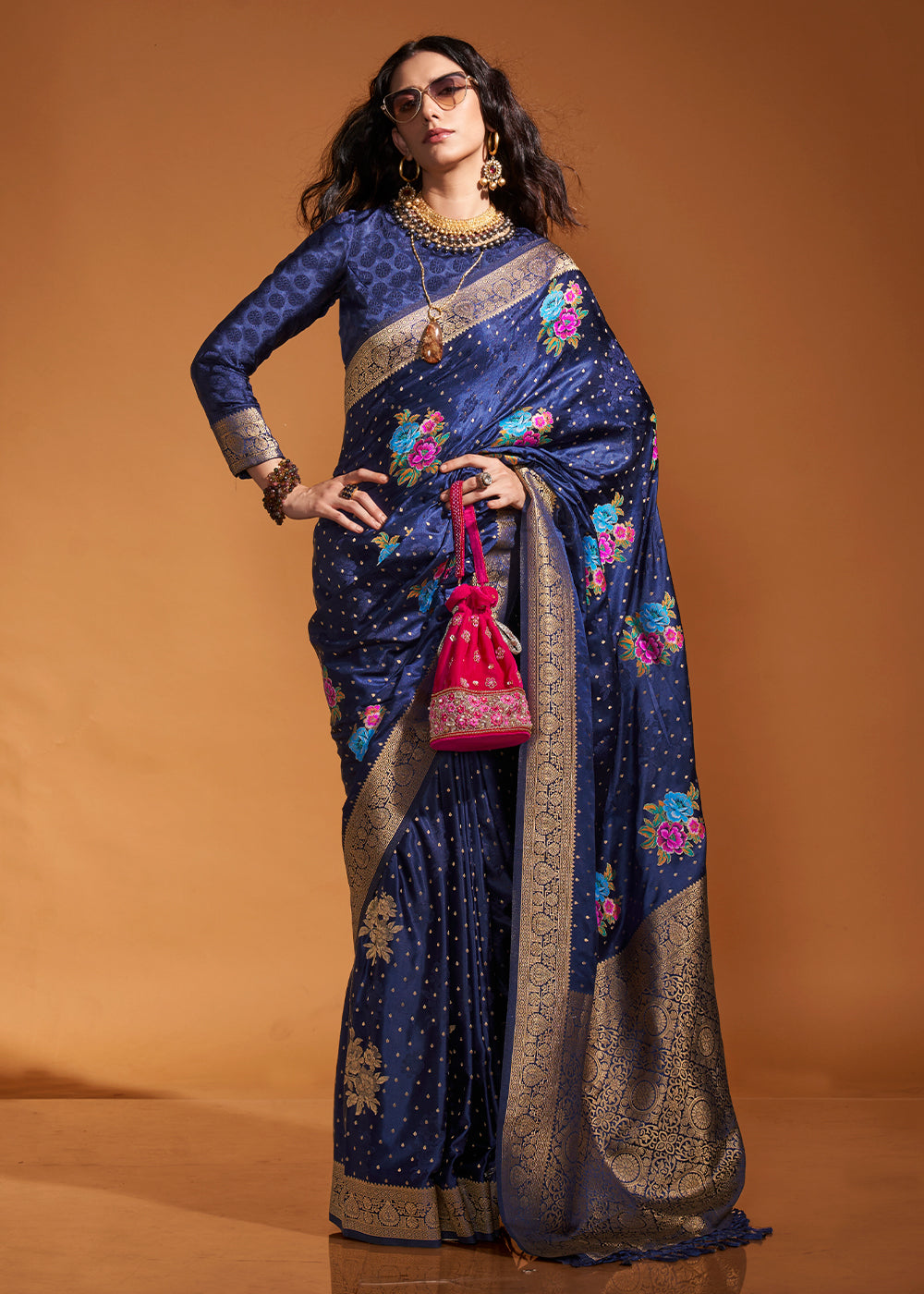 Blue Elegant Satin Traditional Saree with Zari & Thread Work