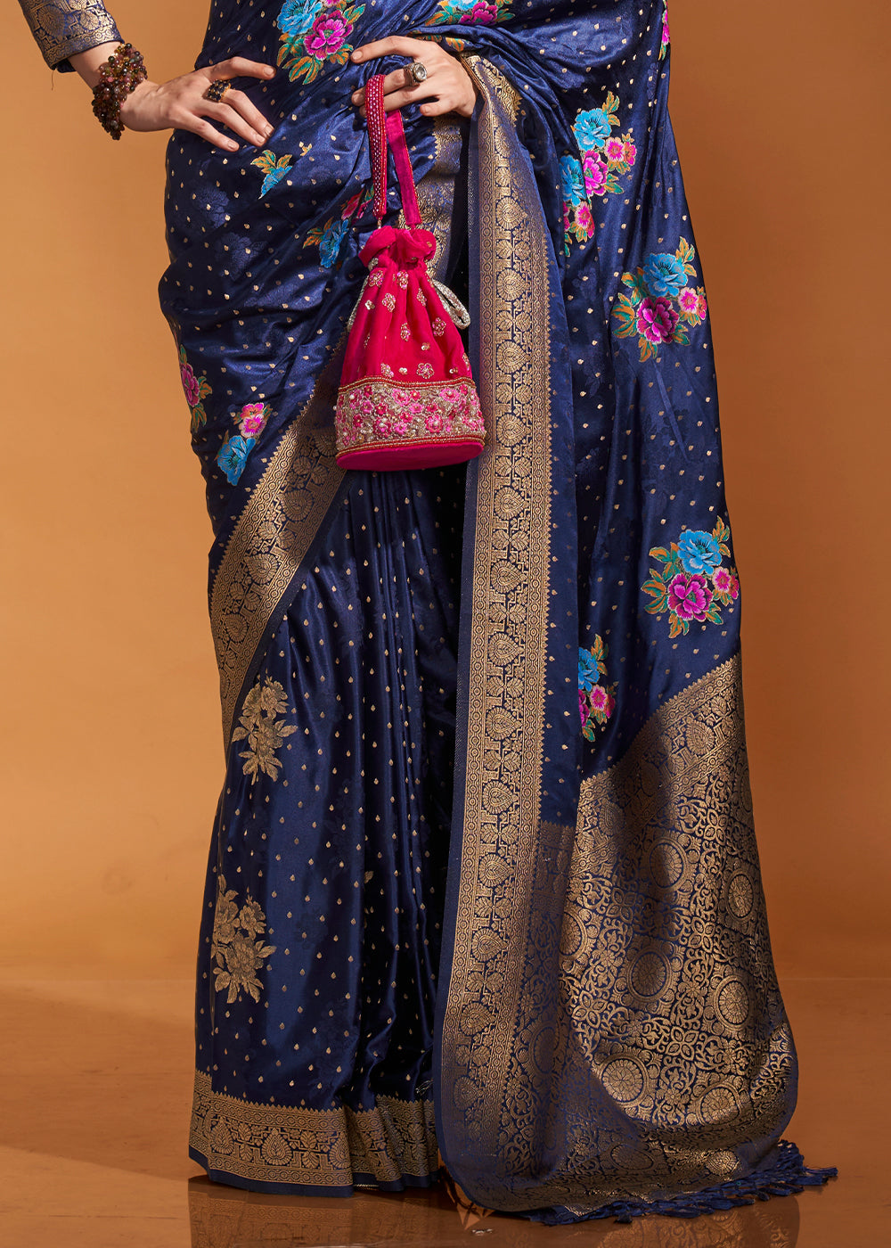 Blue Elegant Satin Traditional Saree with Zari & Thread Work