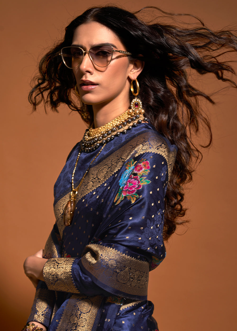 Blue Elegant Satin Traditional Saree with Zari & Thread Work
