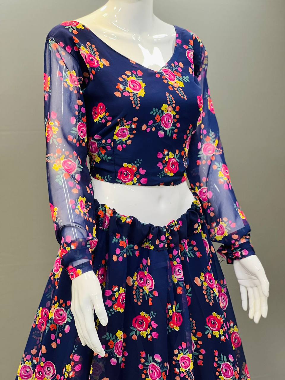 Blue Elegant Soft Georgette Silk Printed Lehenga Set with Lace Border Dupatta