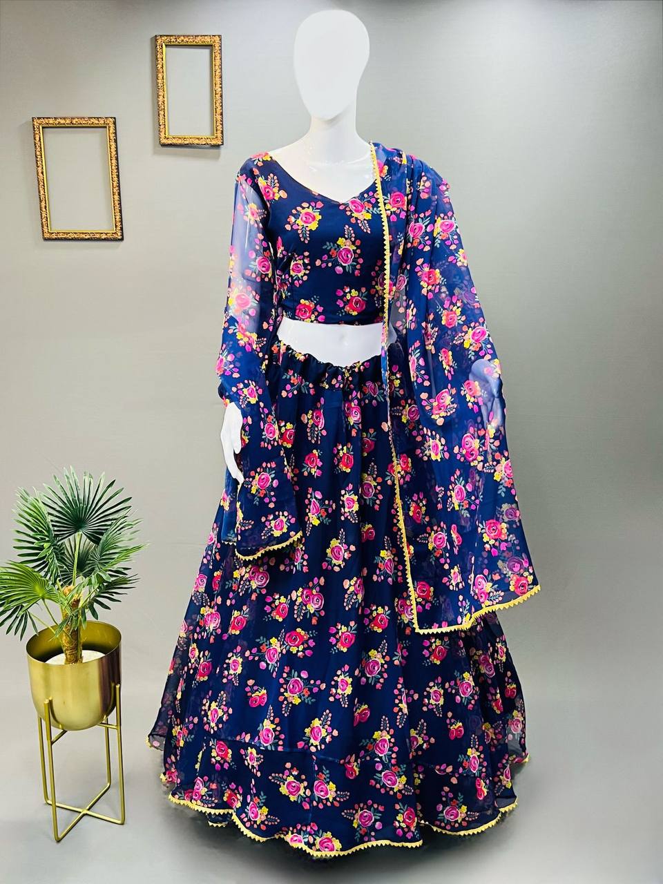 Blue Elegant Soft Georgette Silk Printed Lehenga Set with Lace Border Dupatta