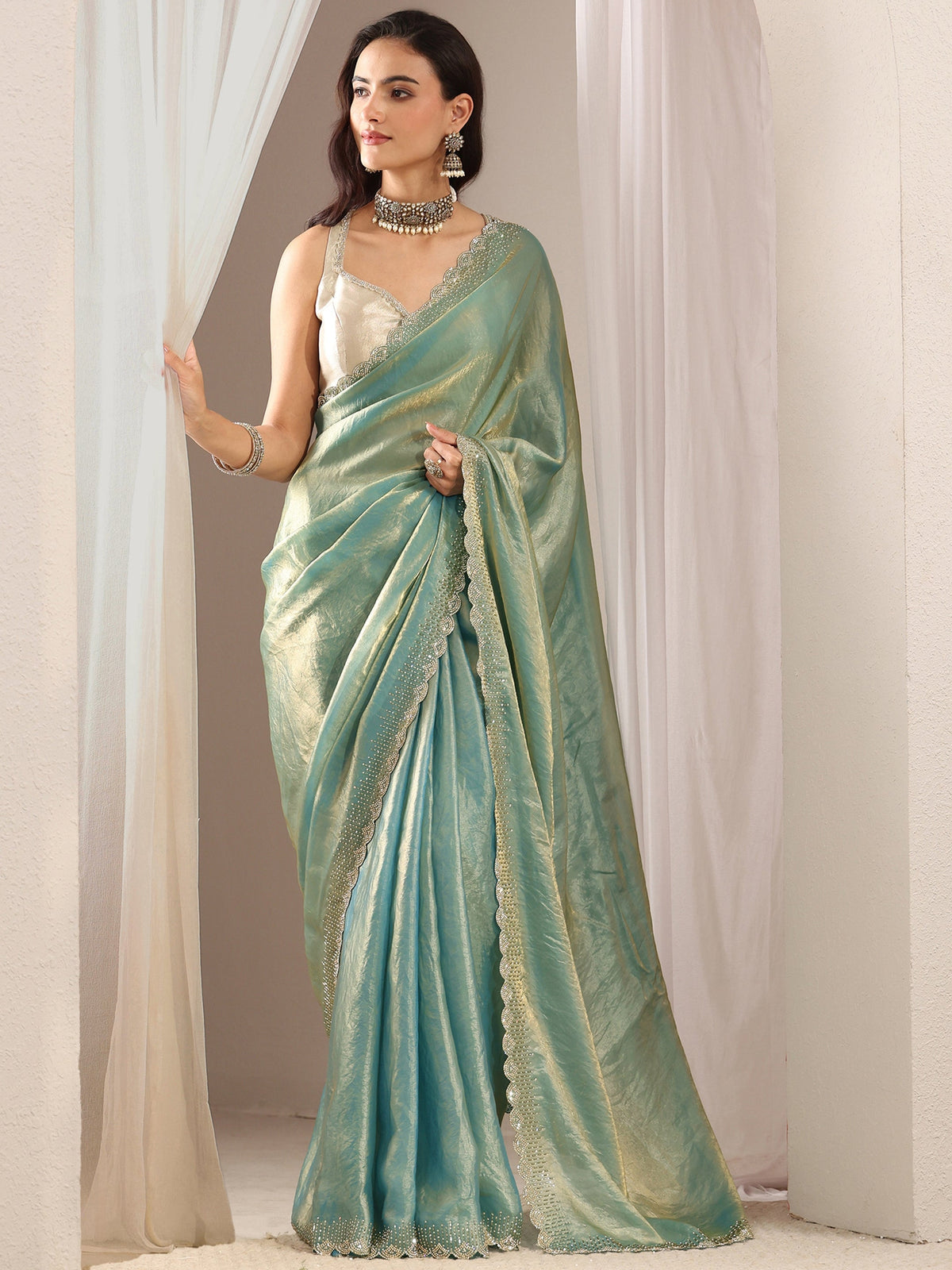 Anouk Blue Embellished Border Tissue Saree With Unstitched Blouse Piece