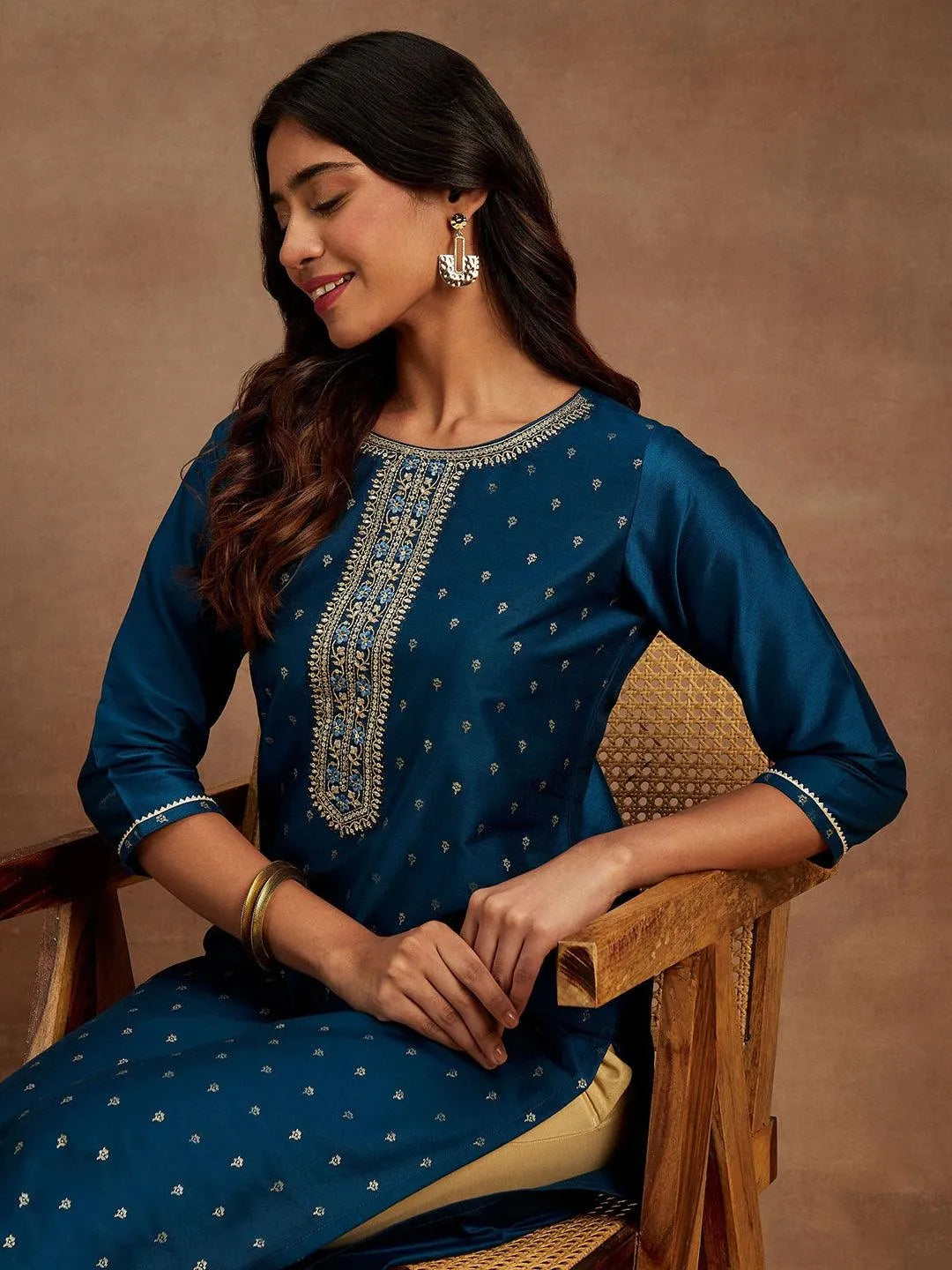 Anouk Blue Embellished Chanderi Silk Straight Kurta