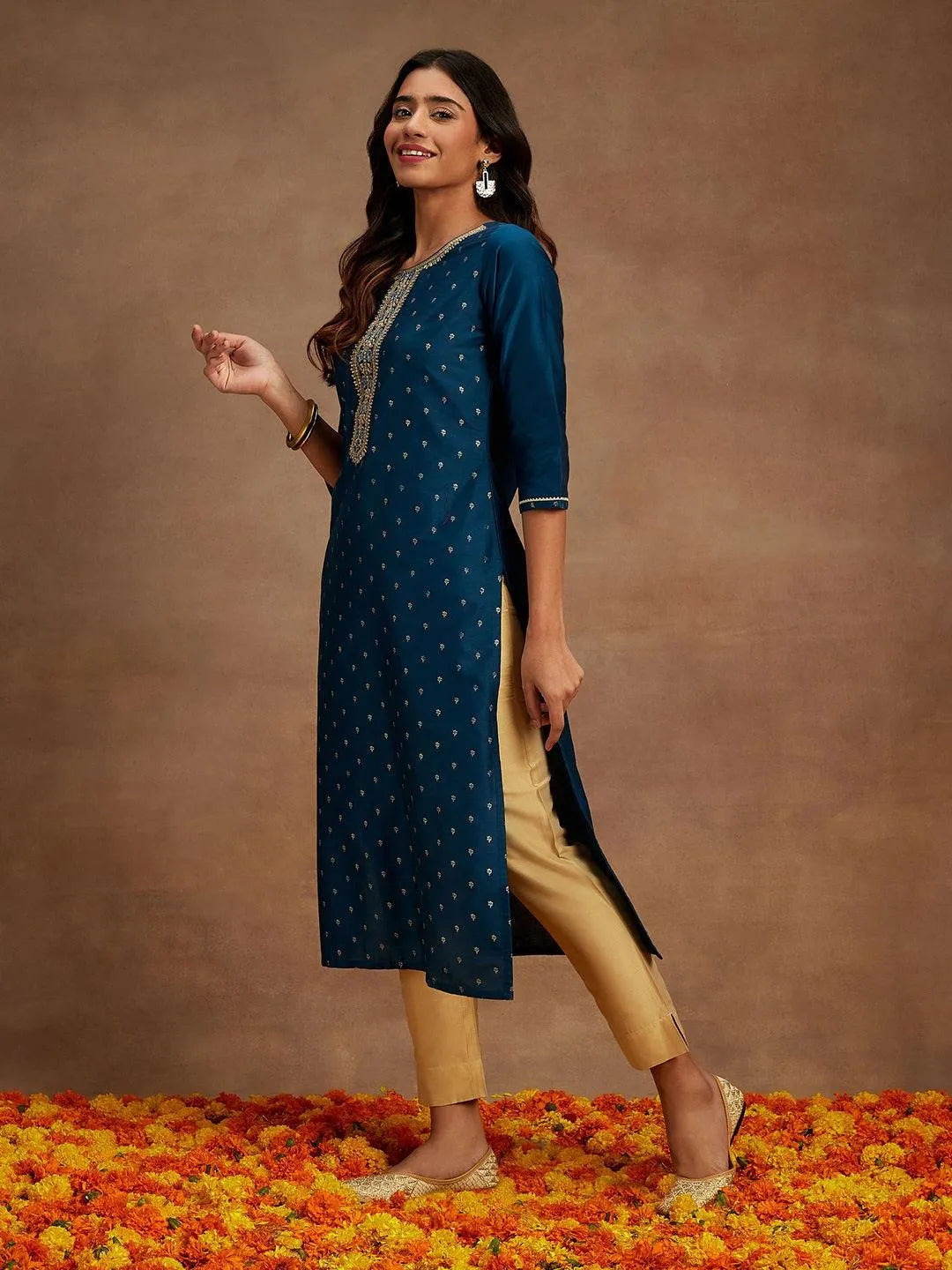 Anouk Blue Embellished Chanderi Silk Straight Kurta