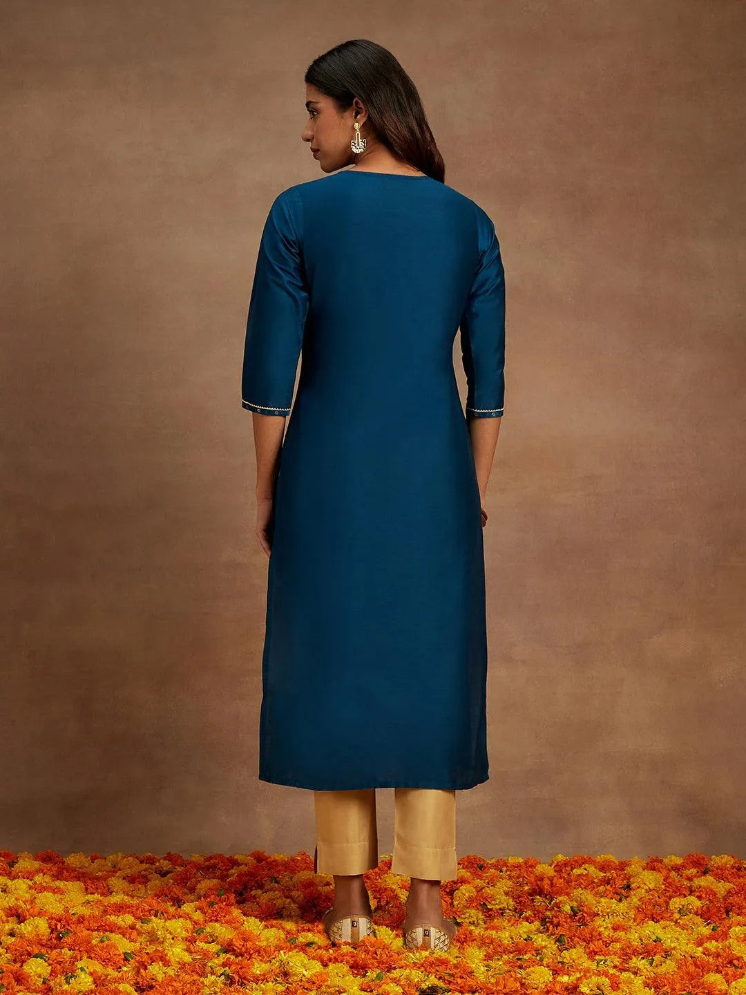 Anouk Blue Embellished Chanderi Silk Straight Kurta