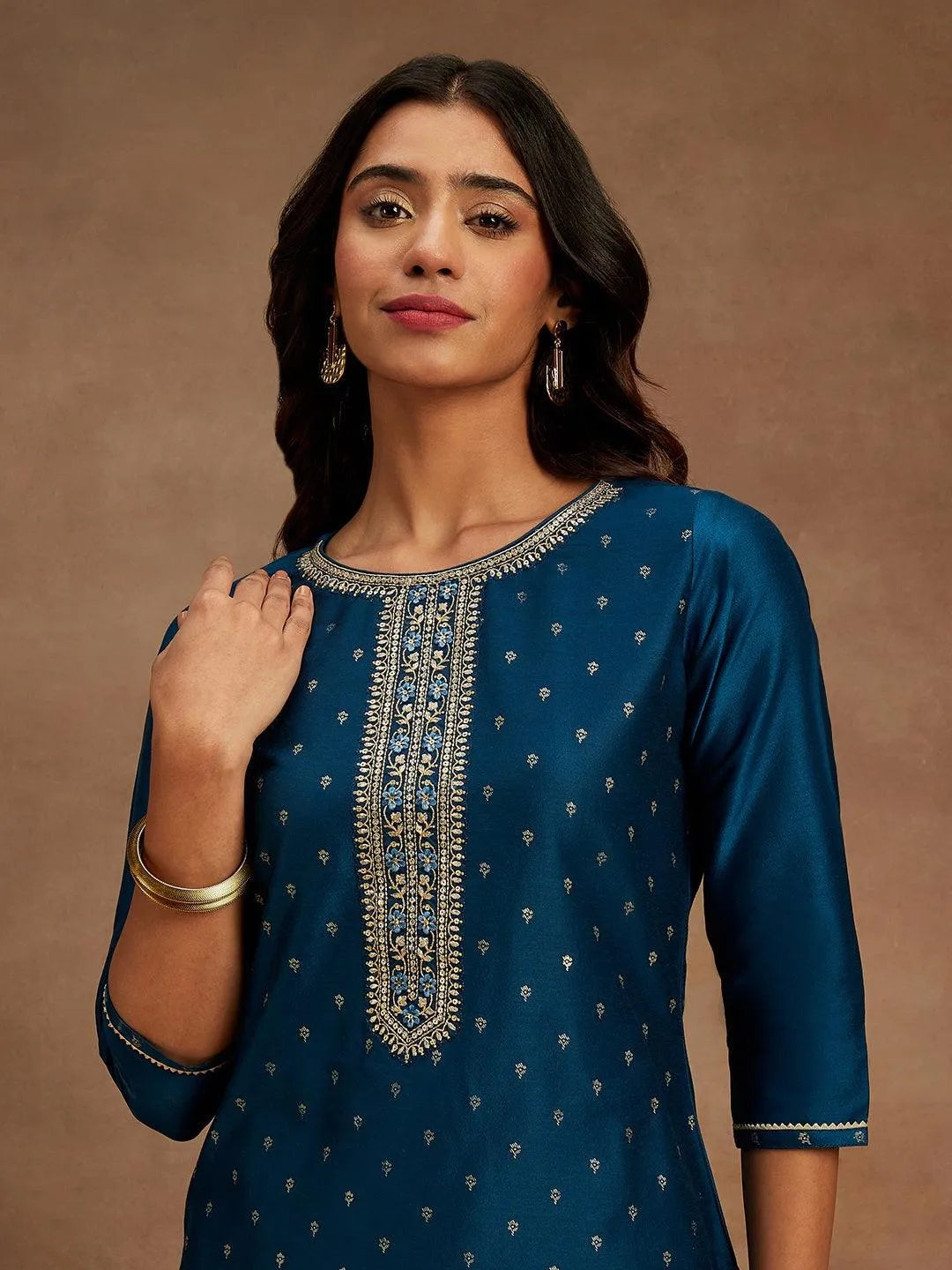 Anouk Blue Embellished Chanderi Silk Straight Kurta