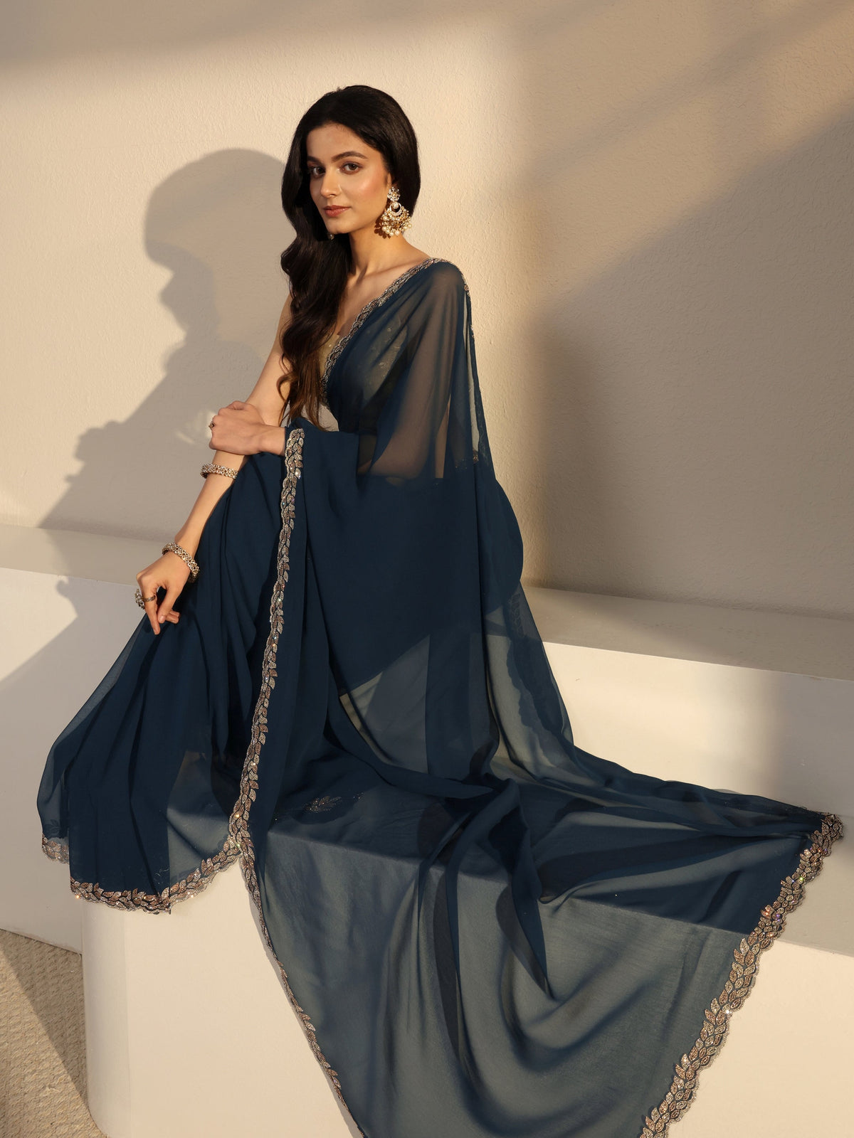 Anouk Blue Embellished Georgette Saree With Unstiched Blouse Piece