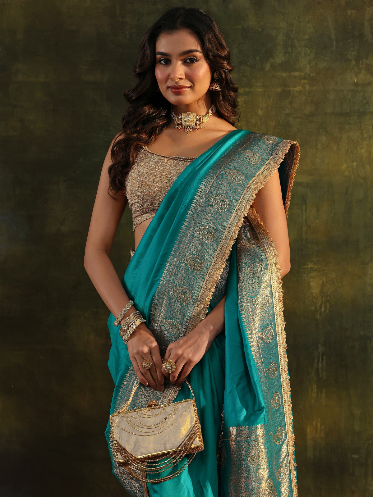 Anouk Blue Embellished Silk Blend Saree With Unstitched Blouse Piece