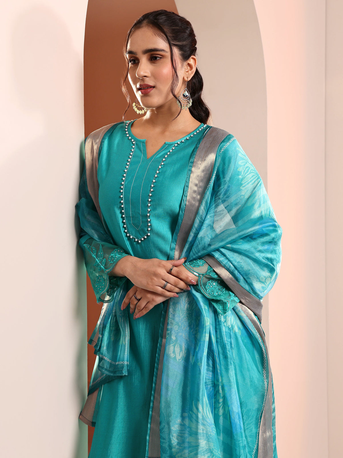 Anouk Blue Embellished Silk Blend Straight Suit Set With Dupatta