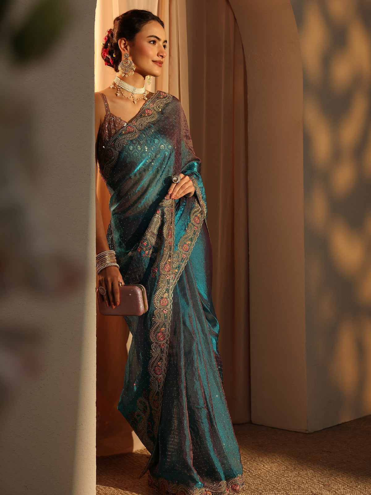Anouk Blue Embellished Tissue Saree With Unstitched Blouse Piece