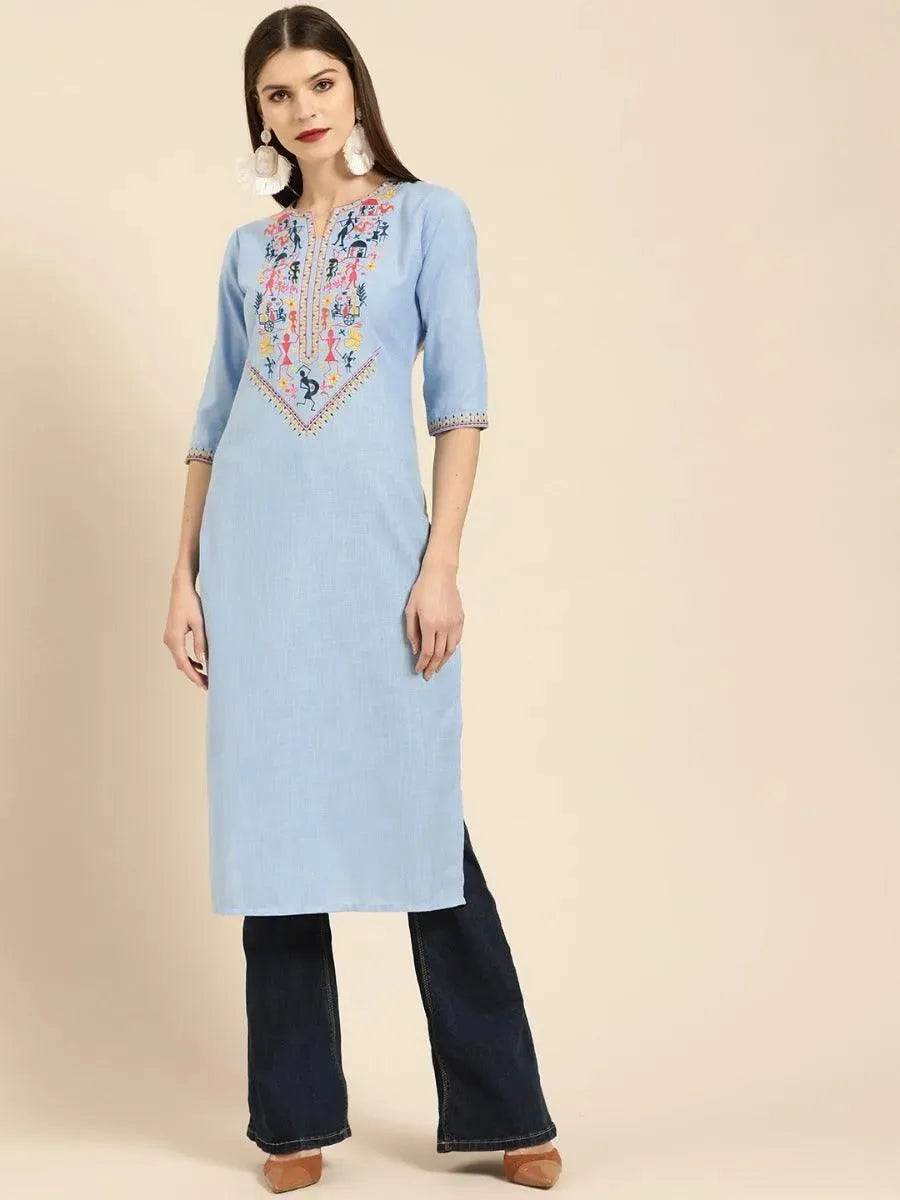 Anouk Blue Embroidered Linen Kurta
