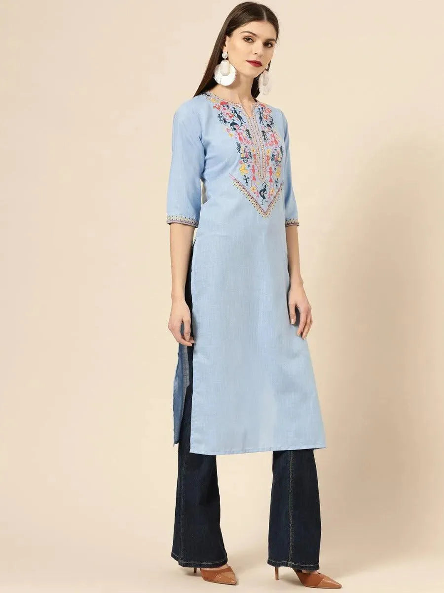 Anouk Blue Embroidered Linen Kurta
