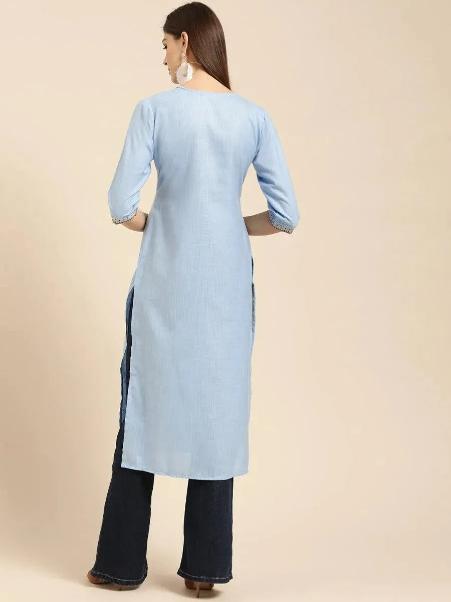 Anouk Blue Embroidered Linen Kurta