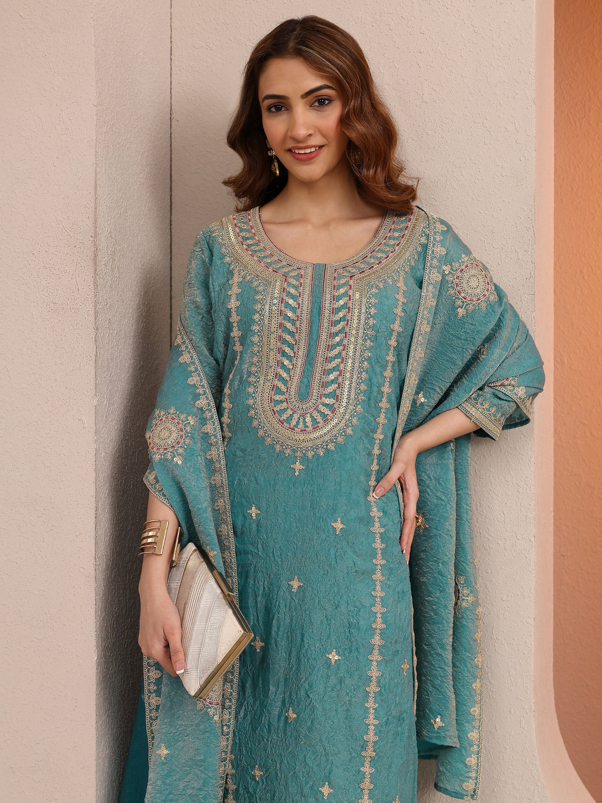 Anouk Blue Embroidered Organza Straight Suit Set With Dupatta