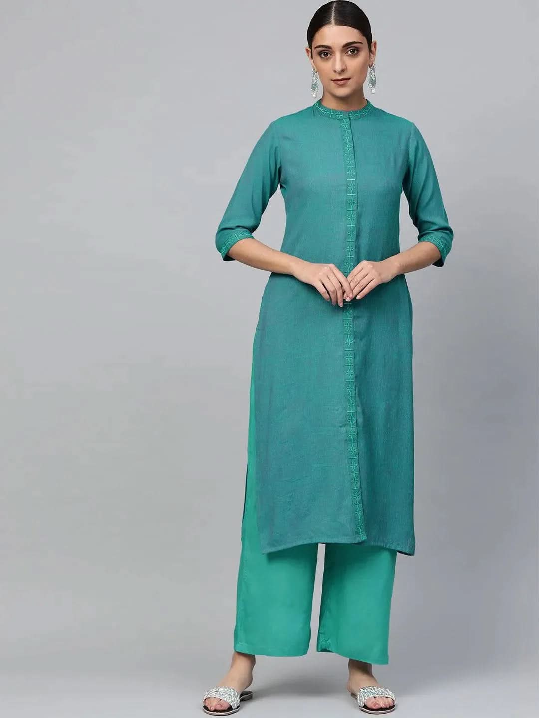 Anouk Blue Embroidered Rayon Straight Kurta With Palazzos