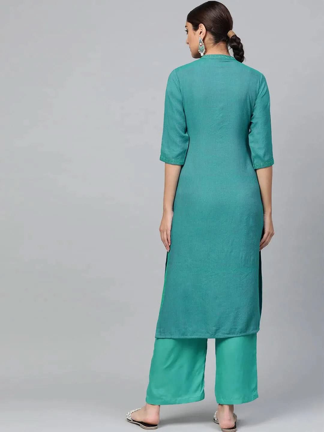 Anouk Blue Embroidered Rayon Straight Kurta With Palazzos