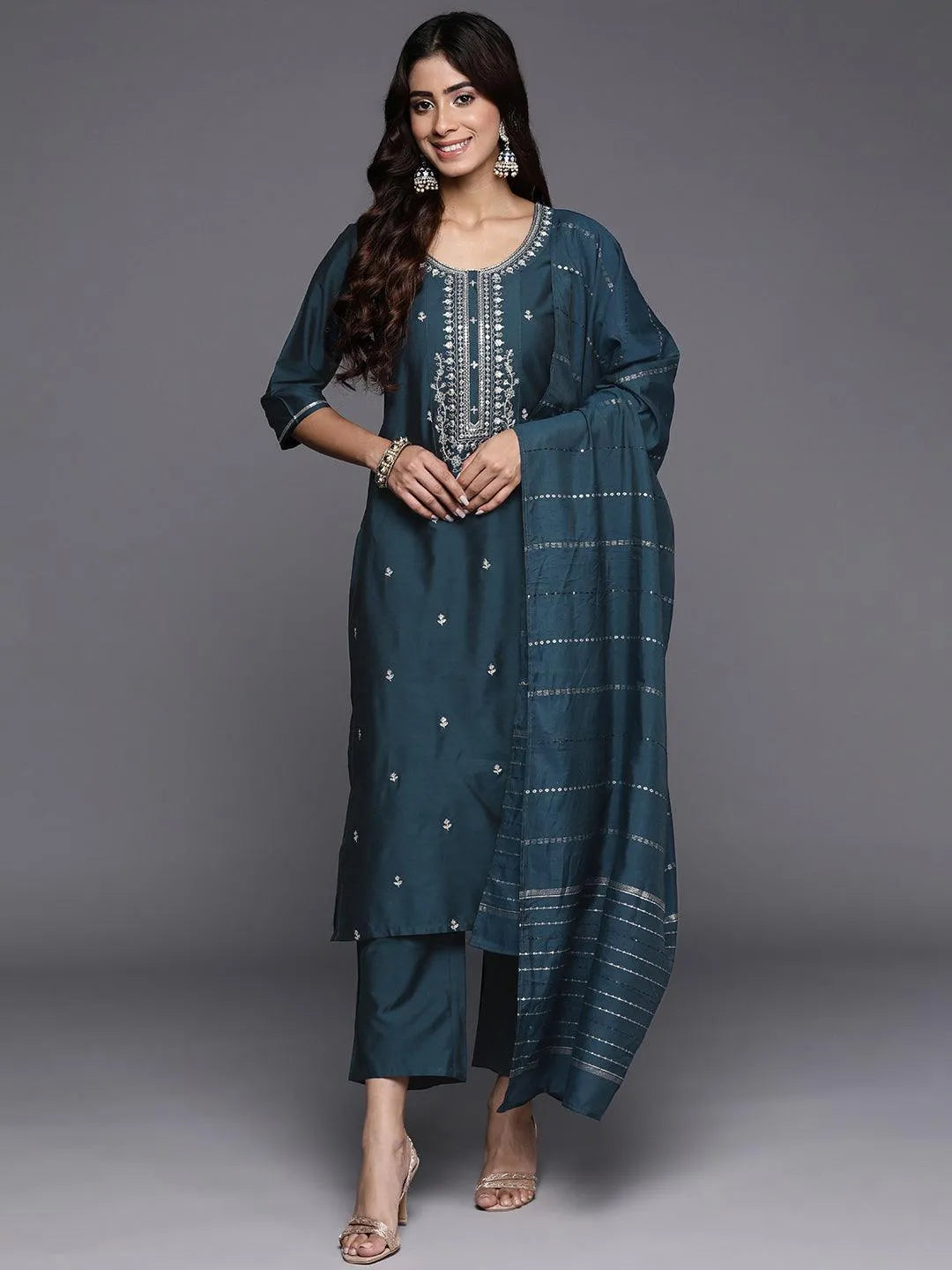 Anouk Blue Embroidered Silk Blend Straight Suit With Dupatta