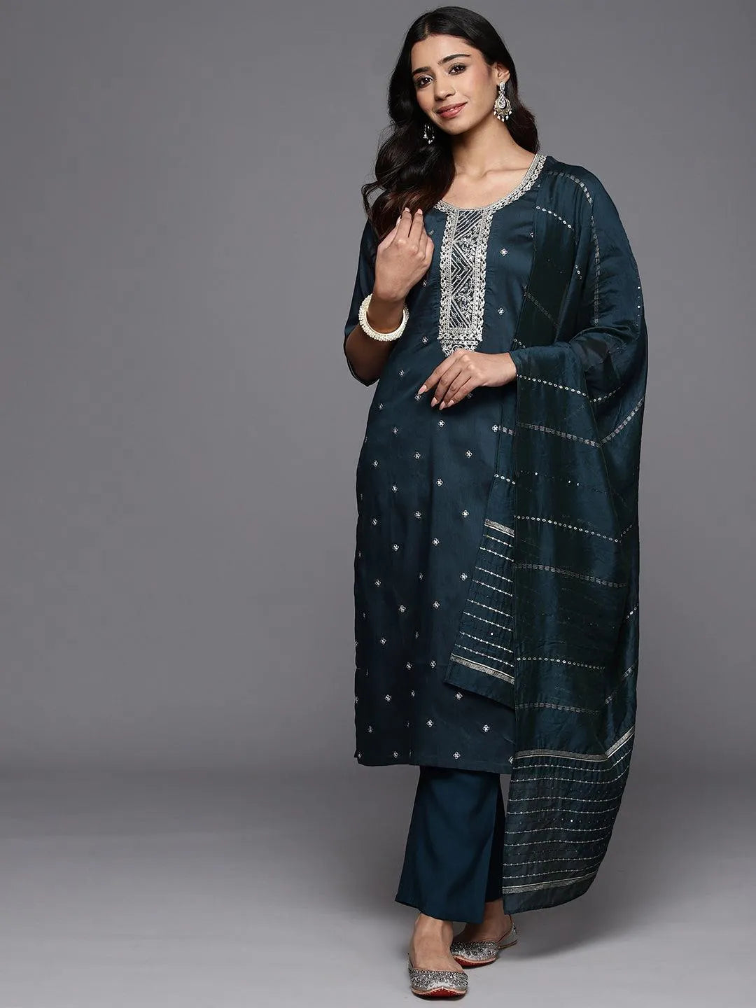 Anouk Blue Embroidered Silk Blend Straight Suit With Dupatta