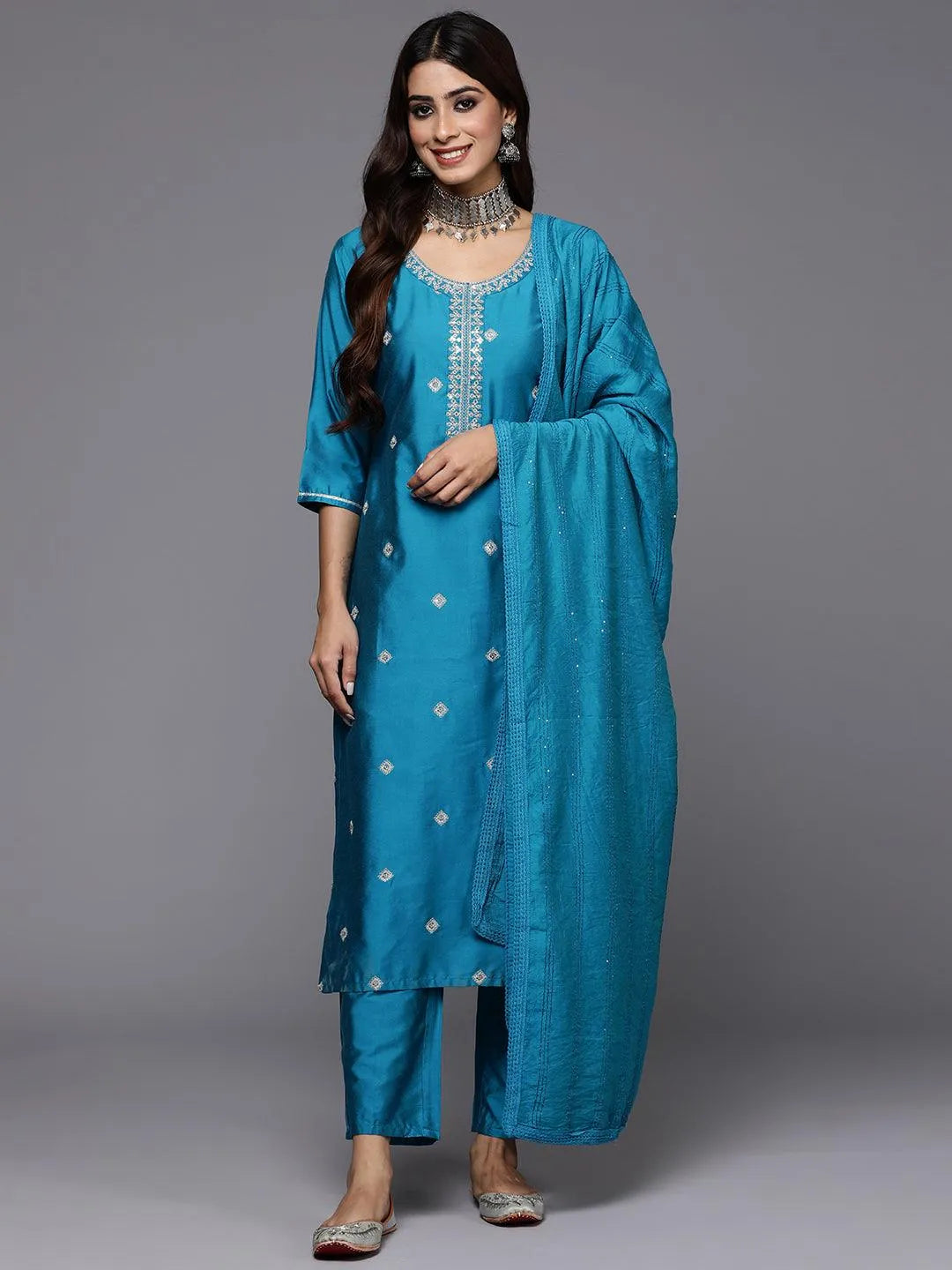 Anouk Blue Embroidered Silk Blend Straight Suit With Dupatta