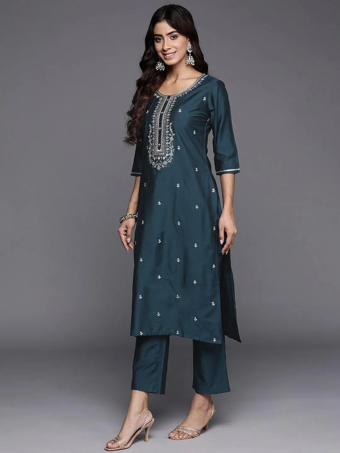 Anouk Blue Embroidered Silk Blend Straight Suit With Dupatta