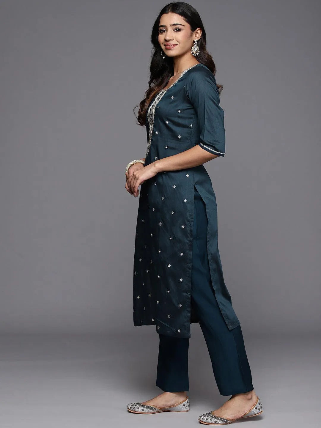 Anouk Blue Embroidered Silk Blend Straight Suit With Dupatta