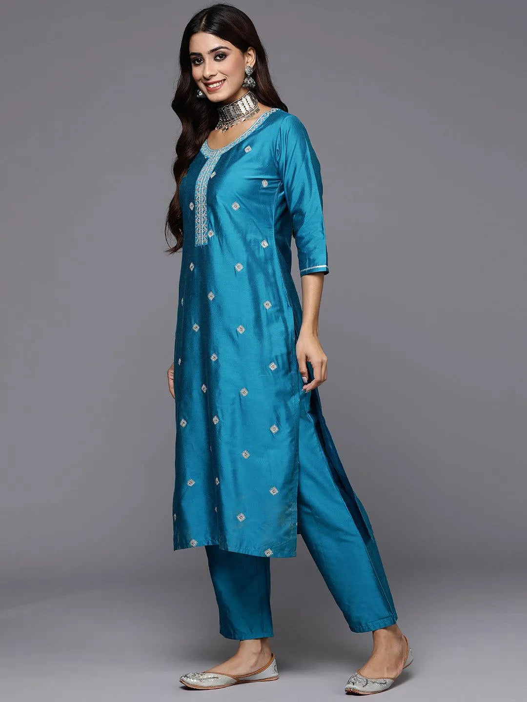 Anouk Blue Embroidered Silk Blend Straight Suit With Dupatta