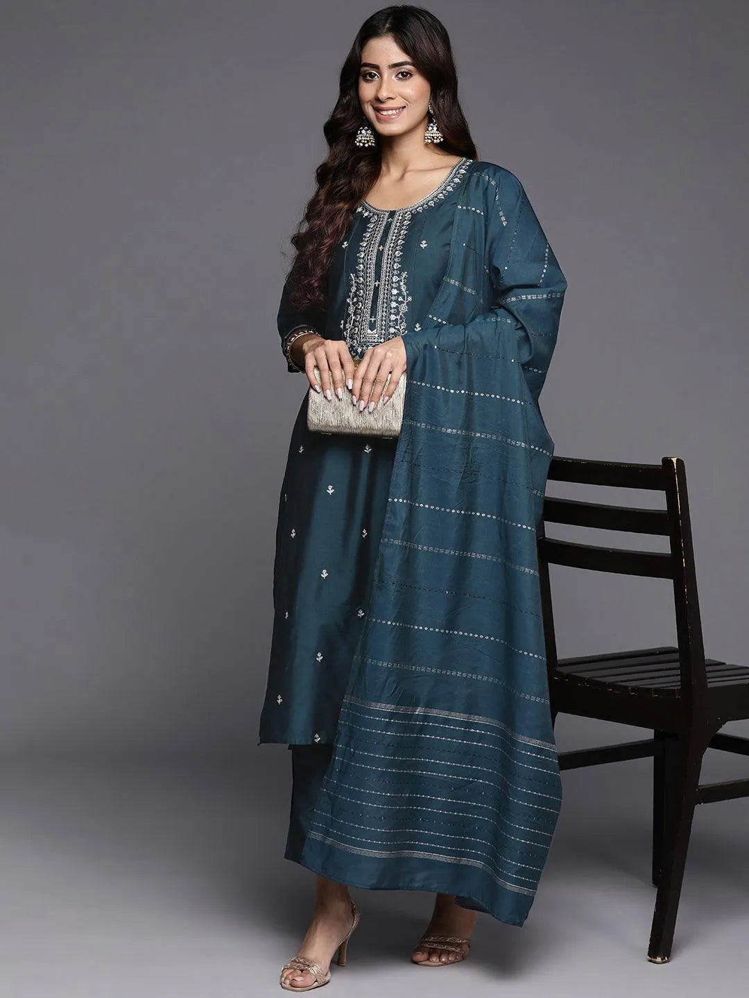 Anouk Blue Embroidered Silk Blend Straight Suit With Dupatta