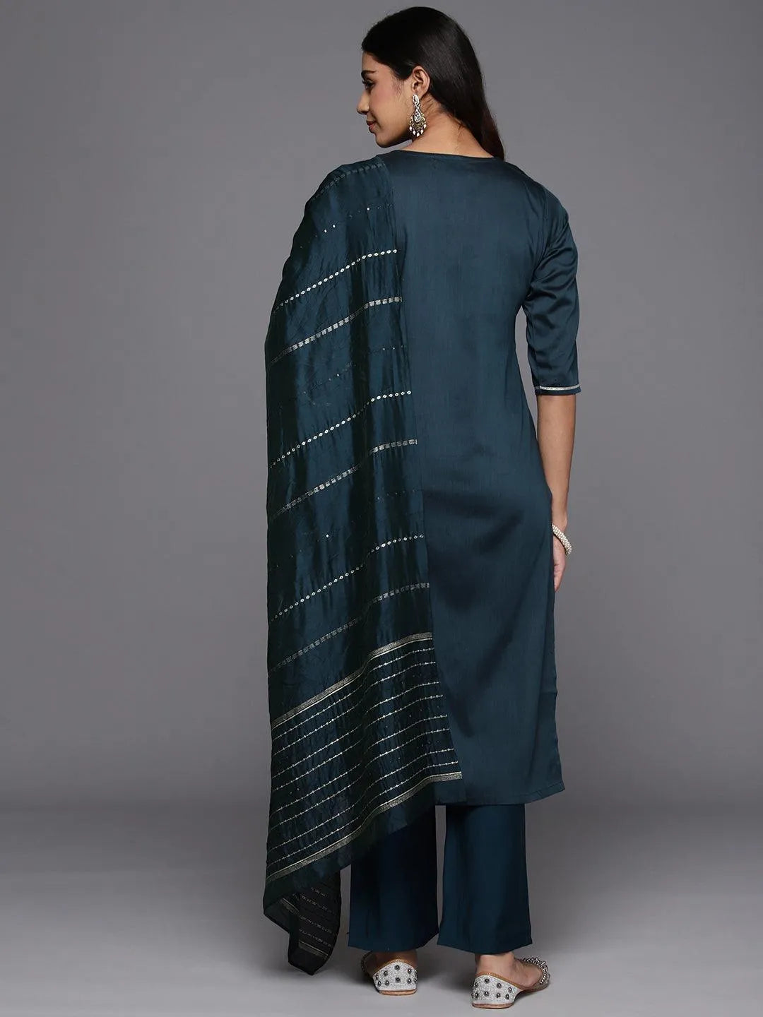 Anouk Blue Embroidered Silk Blend Straight Suit With Dupatta