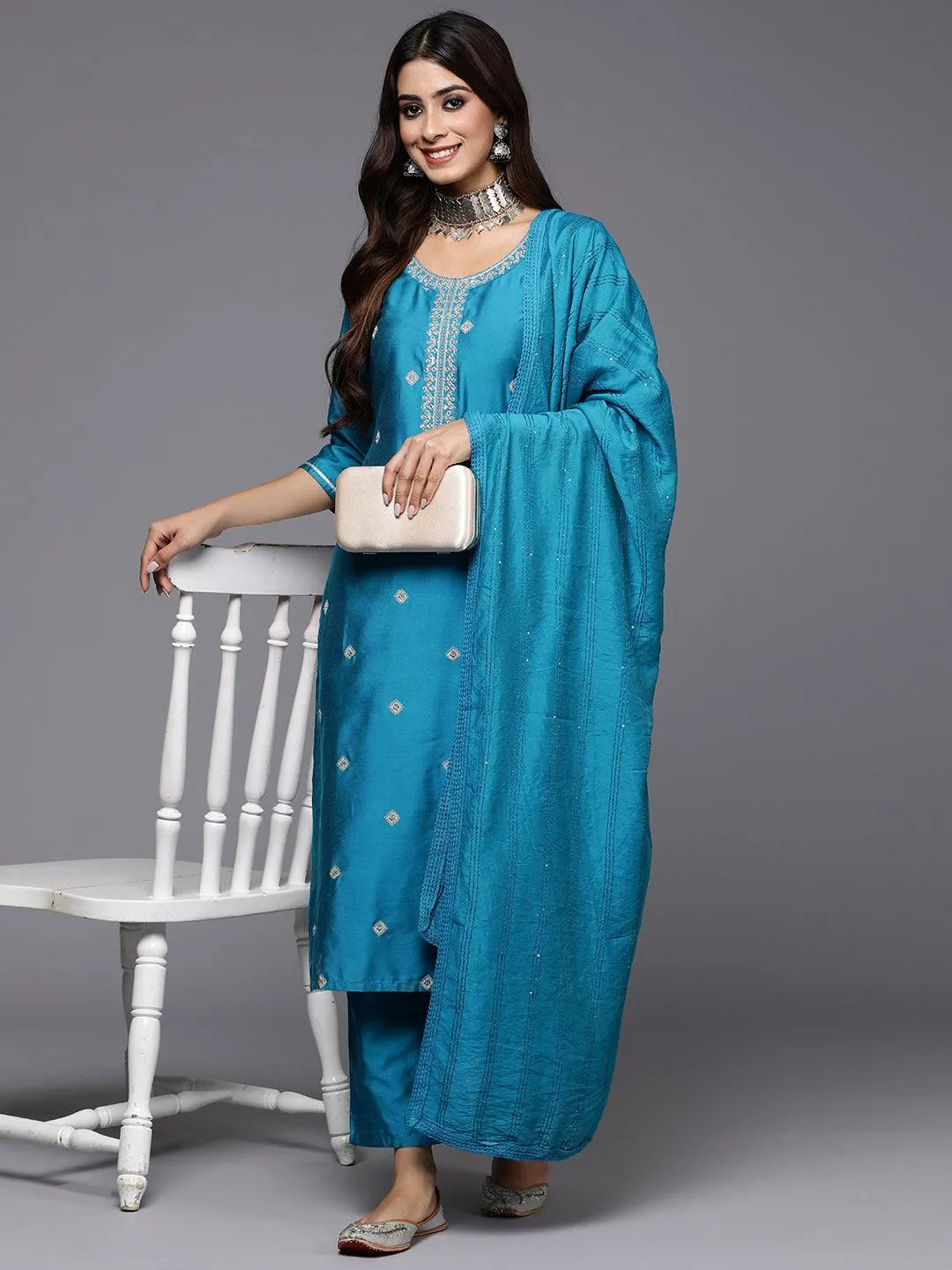 Anouk Blue Embroidered Silk Blend Straight Suit With Dupatta
