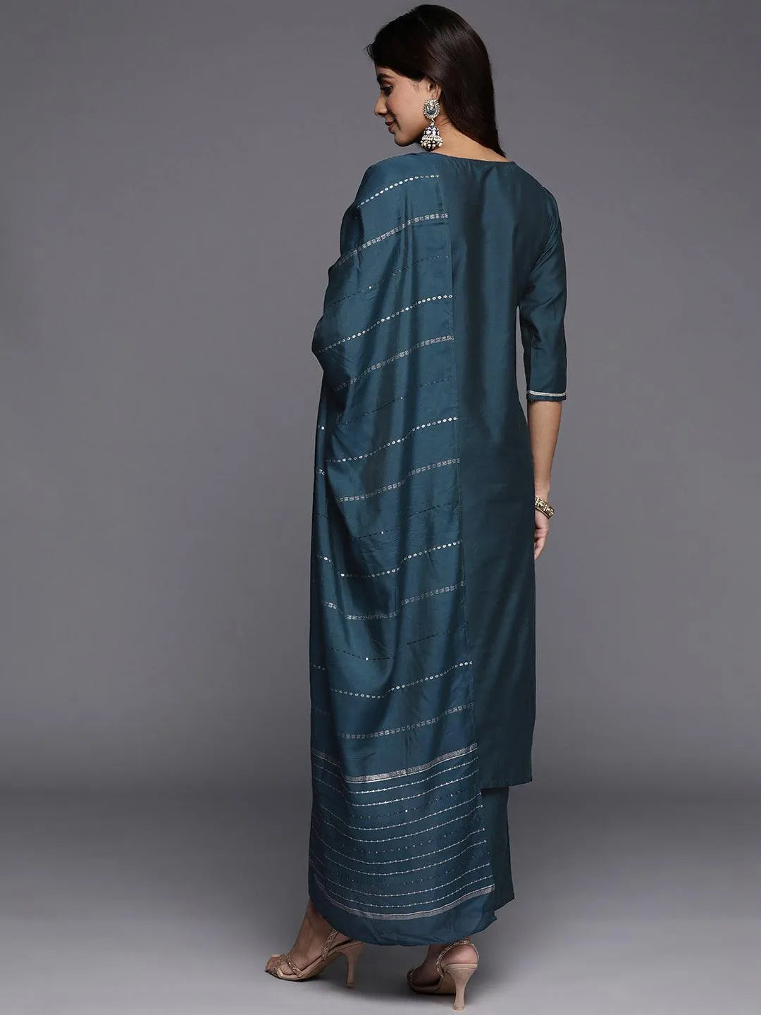 Anouk Blue Embroidered Silk Blend Straight Suit With Dupatta